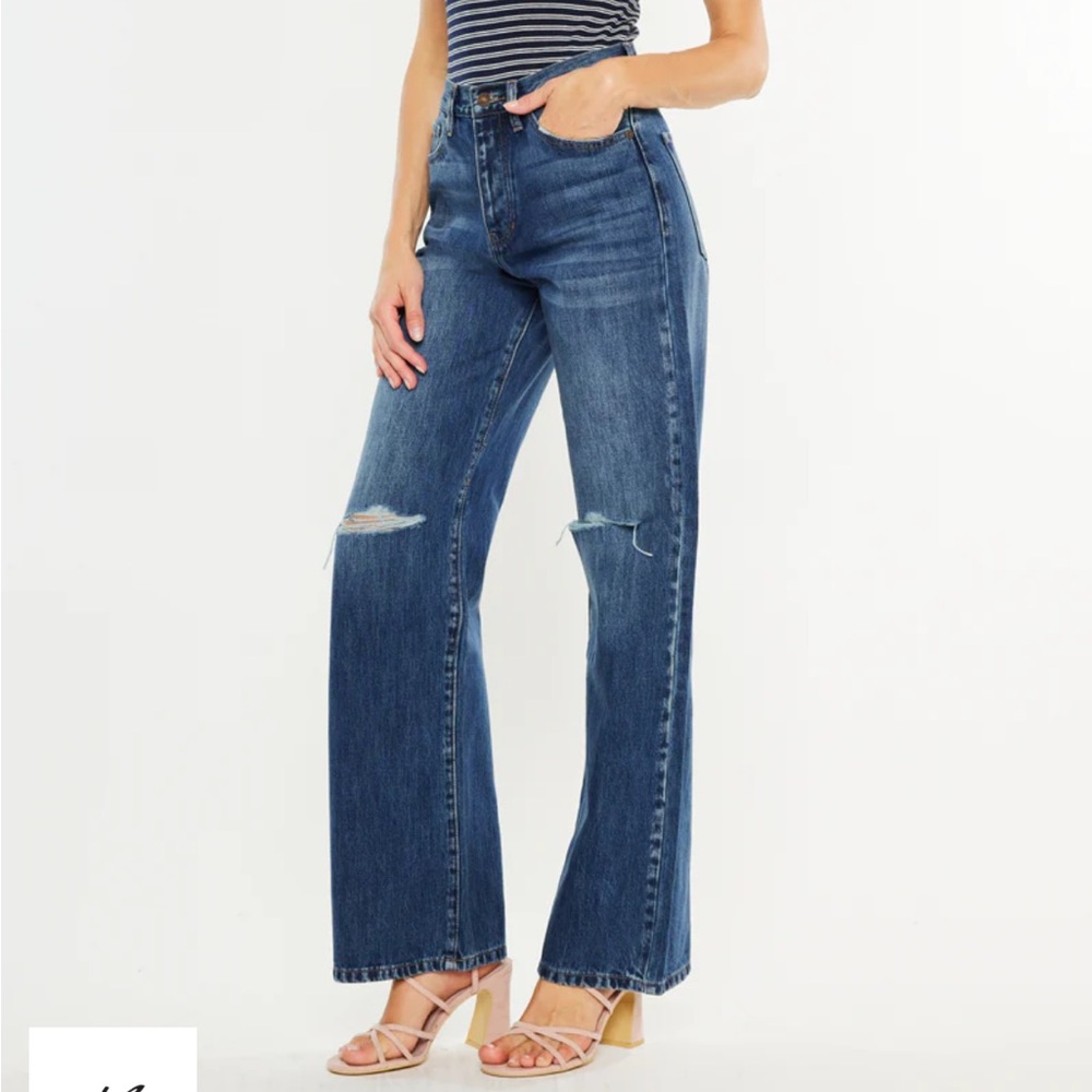 KanCan High-Rise Wide Leg Distressed Jeans in Dark Blue